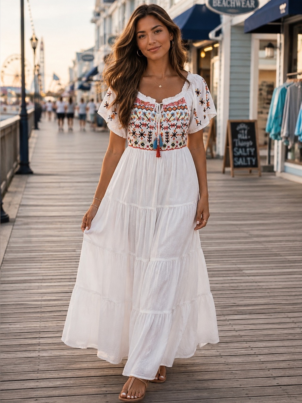 Lulumari White Maxi Dress with Multicolor Embroidered Bodice